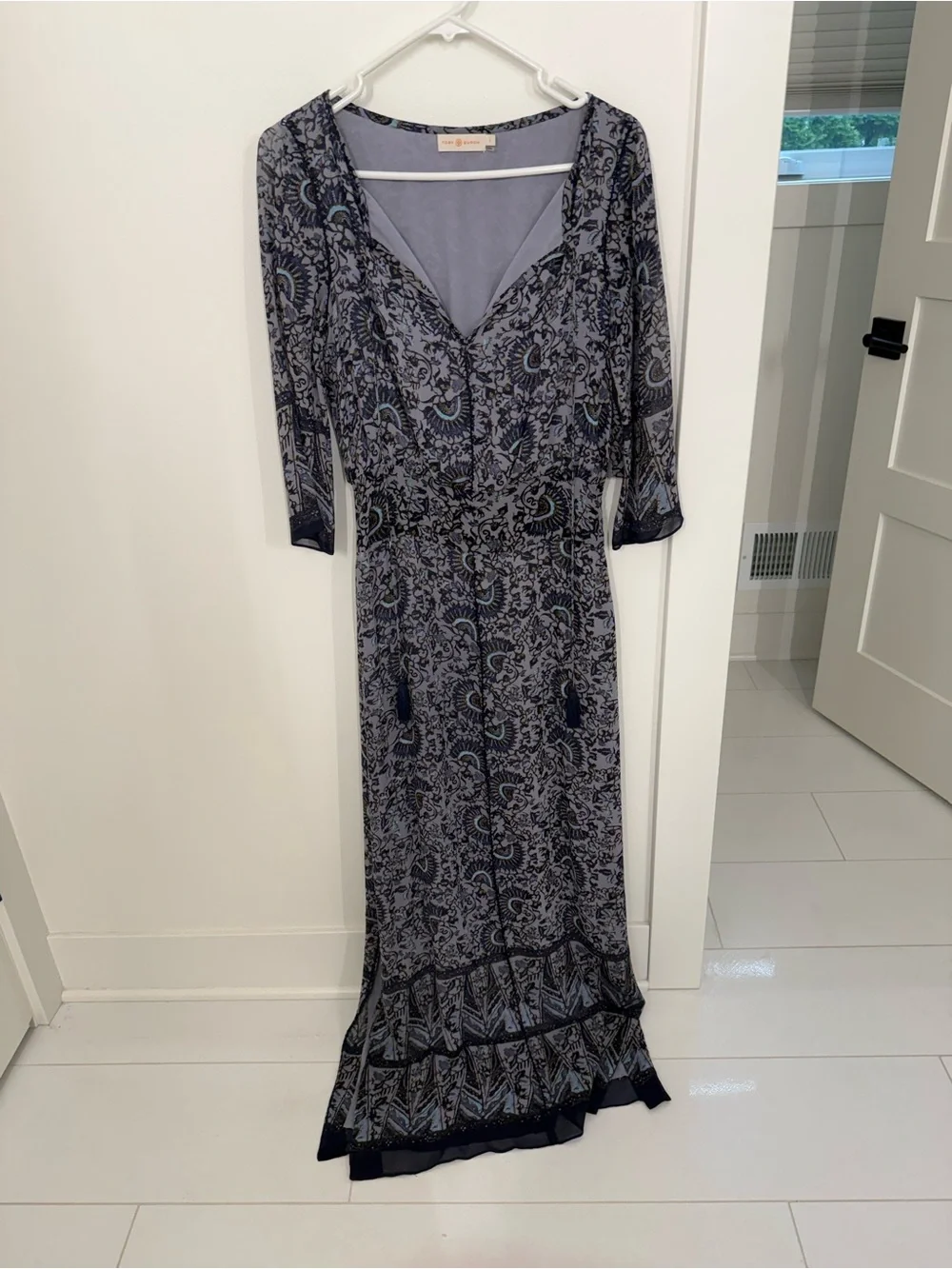 Tory Burch Navy and Light Blue Paisley Maxi Dress